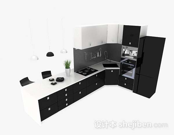 黑色L型厨房兼餐厅时尚整体橱柜3d模型下载