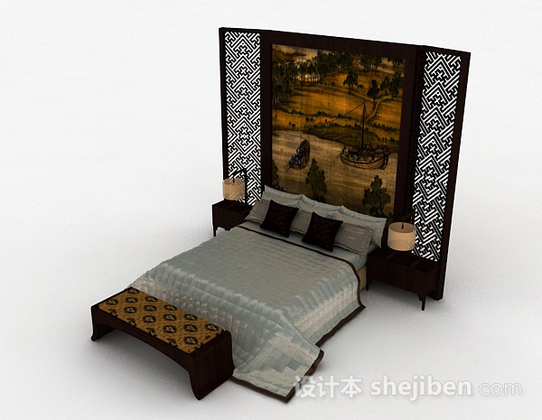 中式风格中式木质双人床3d模型下载