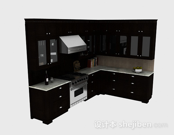现代风格黑色L型上下式整体橱柜3d模型下载
