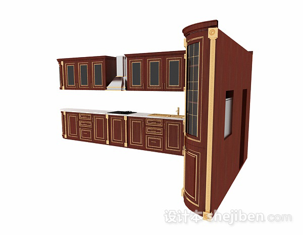免费棕色欧式L型木质整体橱柜3d模型下载