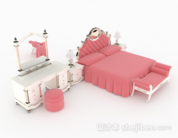 欧式粉色双人床3d模型下载