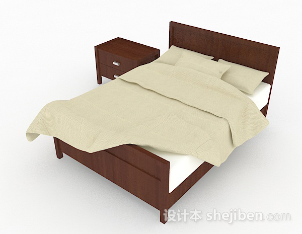 免费简约木质双人床3d模型下载