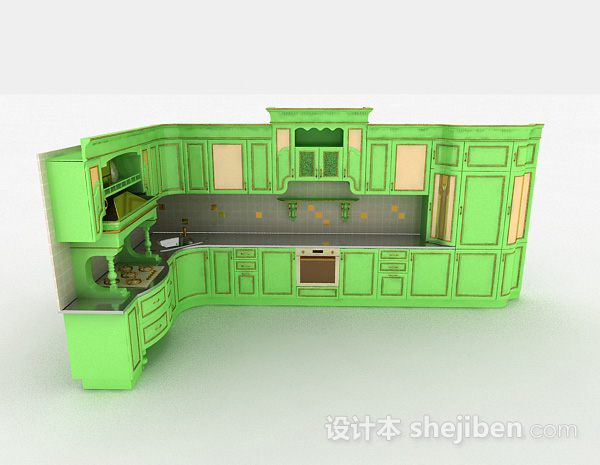 欧式风格欧式风格绿色L型整体橱柜3d模型下载