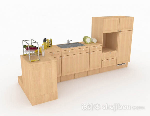 现代风格原木色L型家居厨房橱柜3d模型下载