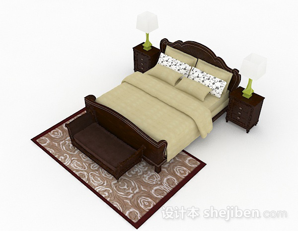 免费棕色木质双人床3d模型下载