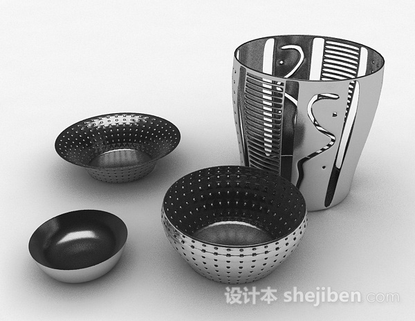 设计本不锈钢镂空厨房用具组合3d模型下载