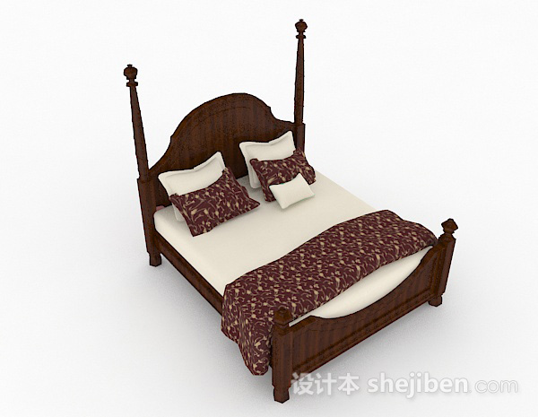免费棕色实木双人床3d模型下载