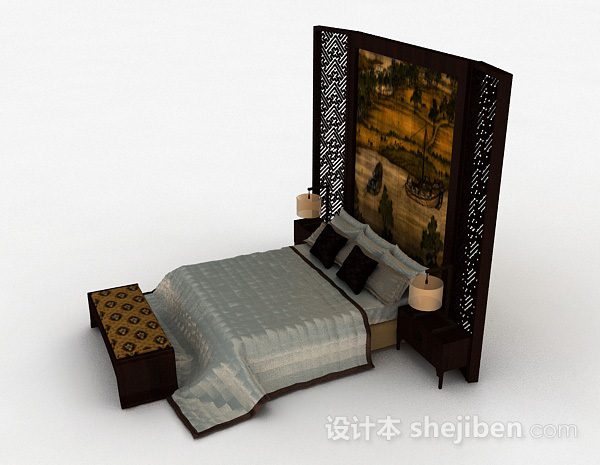 免费中式木质双人床3d模型下载