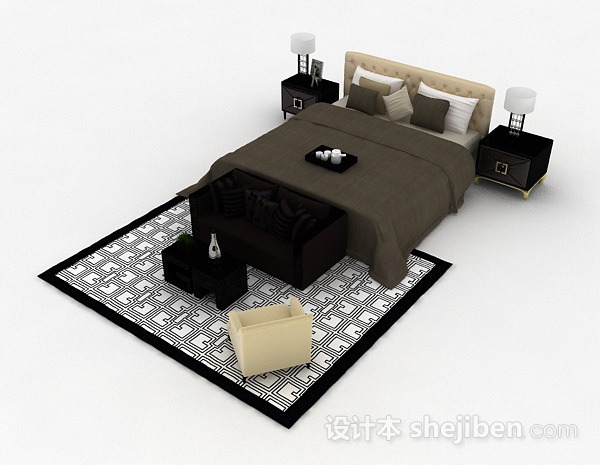 免费棕色木质双人床3d模型下载