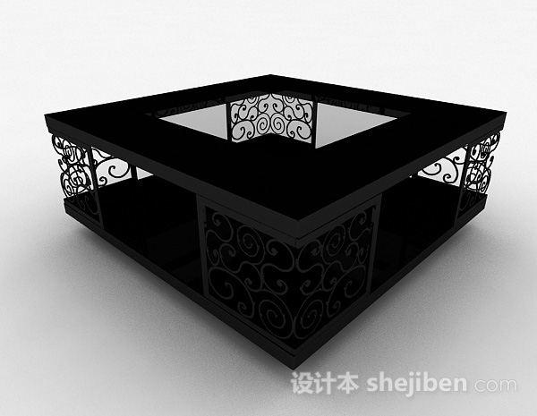 方形黑色木质雕花茶几3d模型下载
