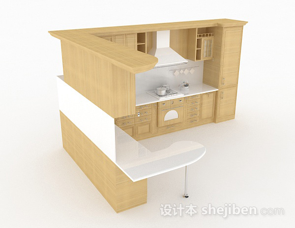 设计本欧式原木色L型上下式整体橱柜3d模型下载
