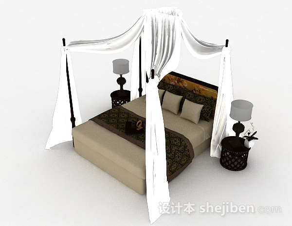 免费东南亚风格双人床3d模型下载