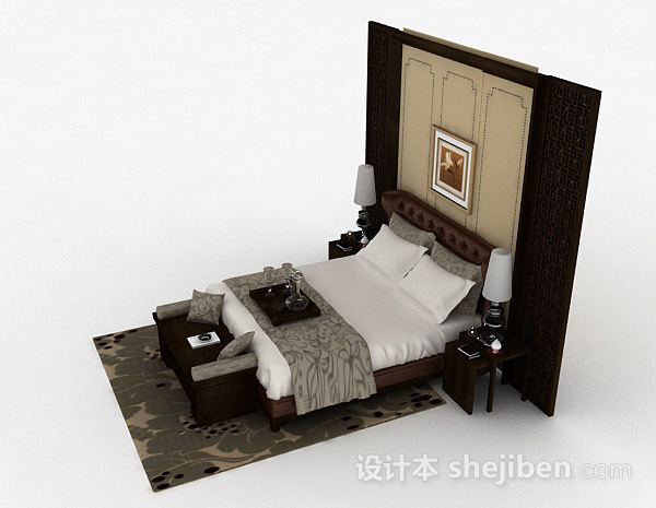 设计本家居木质双人床3d模型下载