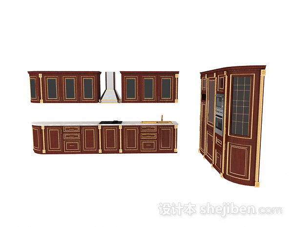 欧式风格棕色欧式L型木质整体橱柜3d模型下载
