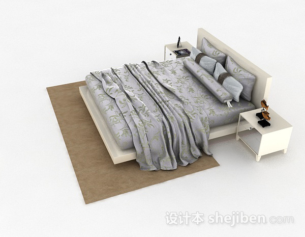 免费灰色花纹双人床3d模型下载