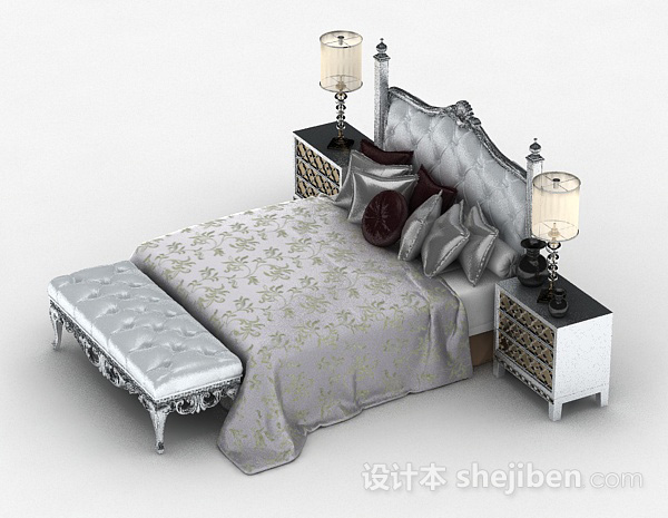 设计本欧式灰色双人床3d模型下载