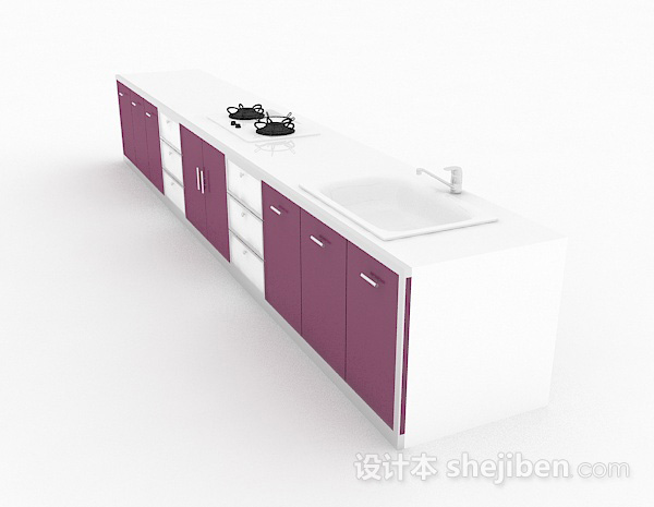 设计本深紫色一字型整体家居橱柜3d模型下载