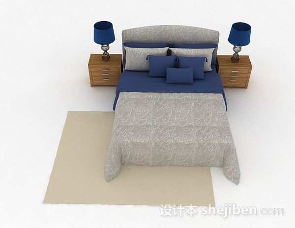 现代风格蓝灰色双人床3d模型下载