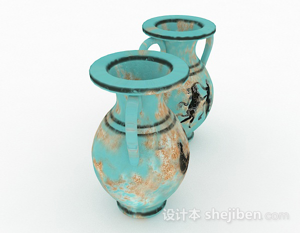 免费中式风格蓝色花纹喇叭花瓶3d模型下载