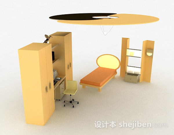 设计本黄色床柜组合3d模型下载