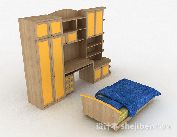 设计本木质床柜组合3d模型下载
