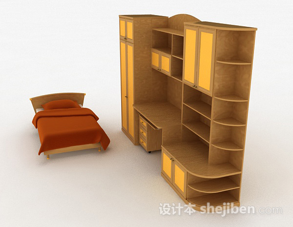 设计本黄色木质床柜组合3d模型下载