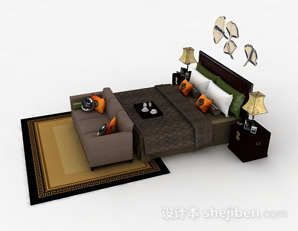 设计本新中式家居双人床3d模型下载