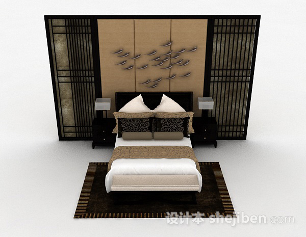 中式风格中式风格双人床3d模型下载