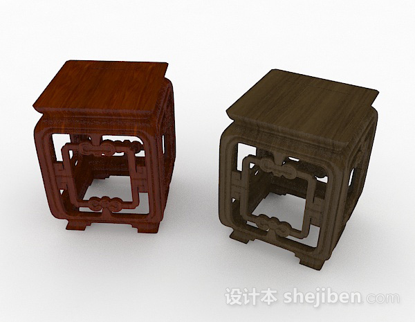 中式风格中式木质棕色家居凳子3d模型下载