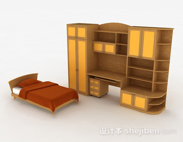 免费黄色木质床柜组合3d模型下载