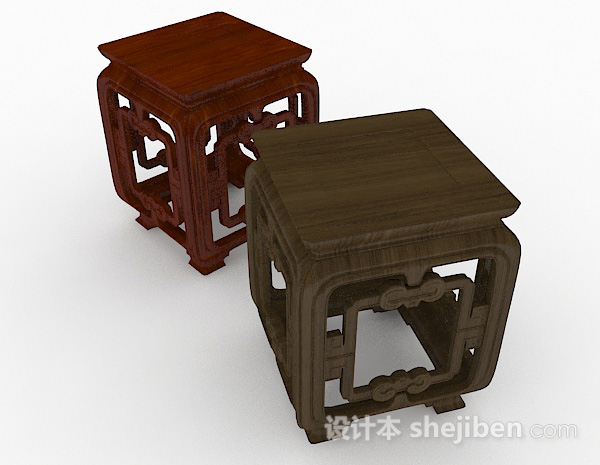 免费中式木质棕色家居凳子3d模型下载