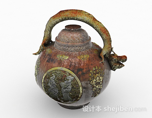 设计本中式风格陶瓷雕刻大肚茶壶3d模型下载