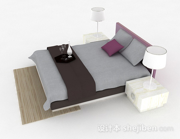 设计本灰色简约双人床3d模型下载