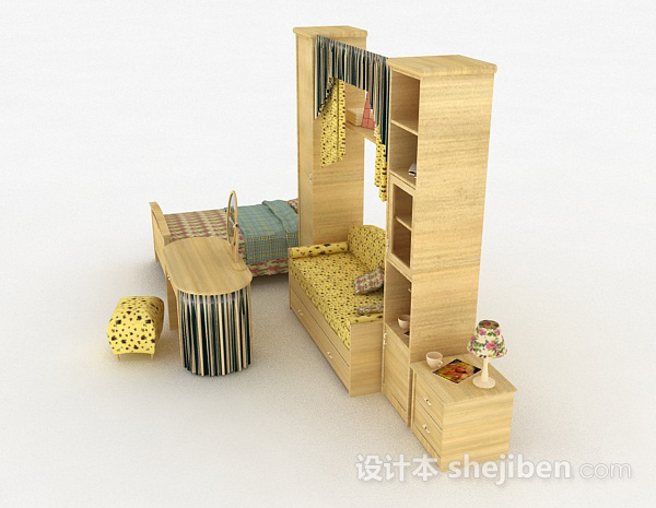 设计本田园风格床柜组合3d模型下载