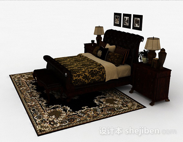 设计本欧式木质棕色双人床3d模型下载