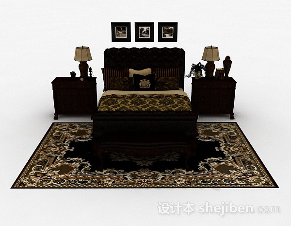 欧式风格欧式木质棕色双人床3d模型下载