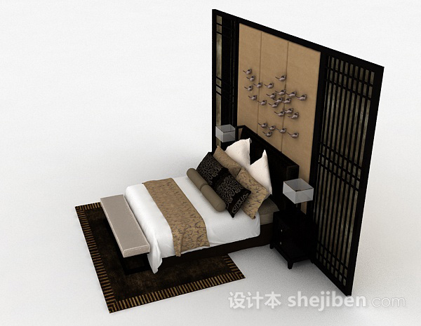 设计本中式风格双人床3d模型下载