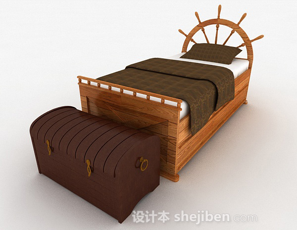 免费航船主题木质单人床3d模型下载
