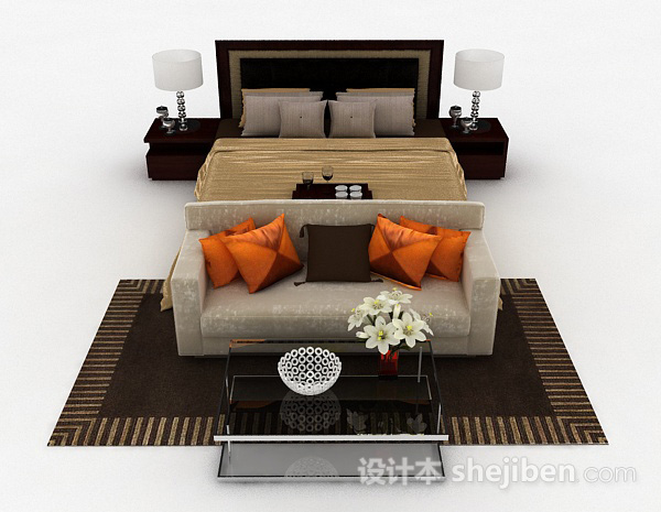 现代风格家居棕色双人床3d模型下载