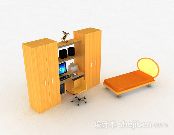 黄色木质书桌柜3d模型下载