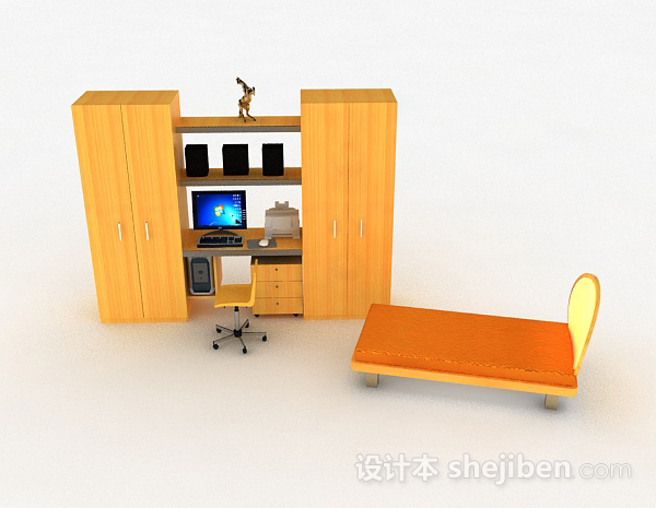 现代风格黄色木质书桌柜3d模型下载