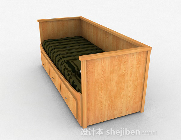设计本黄色木质单人床3d模型下载