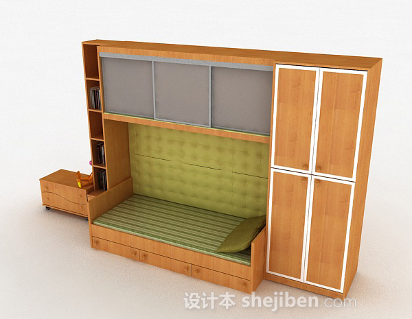 现代风格家居木质床柜组合3d模型下载