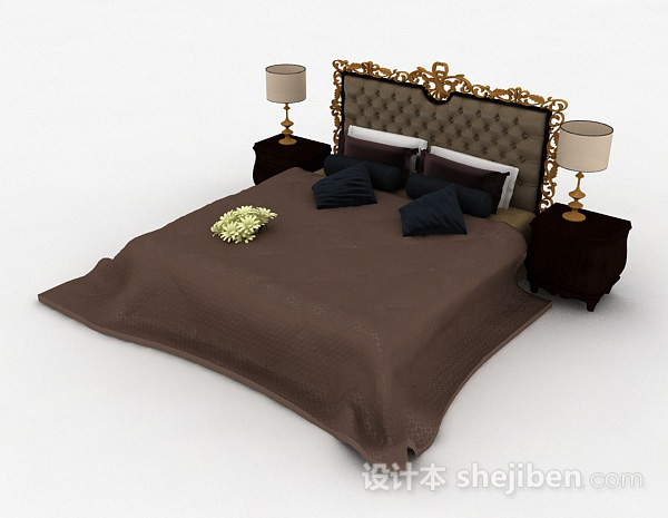 免费欧式棕色双人床3d模型下载