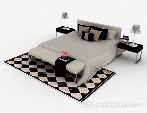 免费灰色双人床3d模型下载