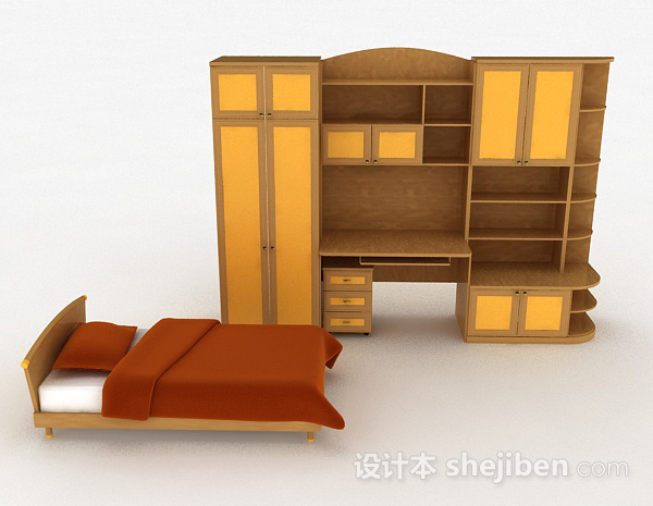 现代风格黄色木质床柜组合3d模型下载