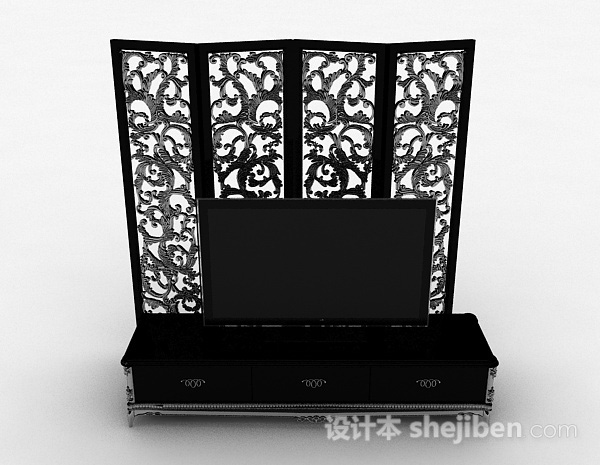 欧式风格欧式风格黑色雕花电视柜3d模型下载