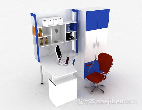 现代风格蓝白色学生书桌柜3d模型下载