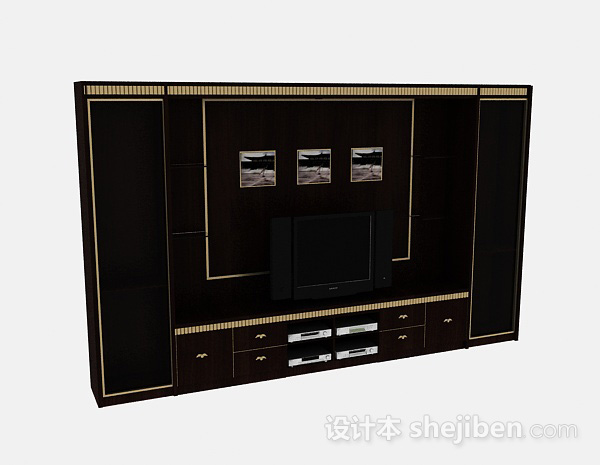 欧式时尚黑色木质电视背景墙3d模型下载
