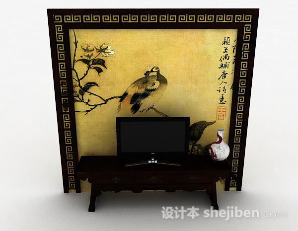 中式风格中式传统木质棕色电视柜3d模型下载